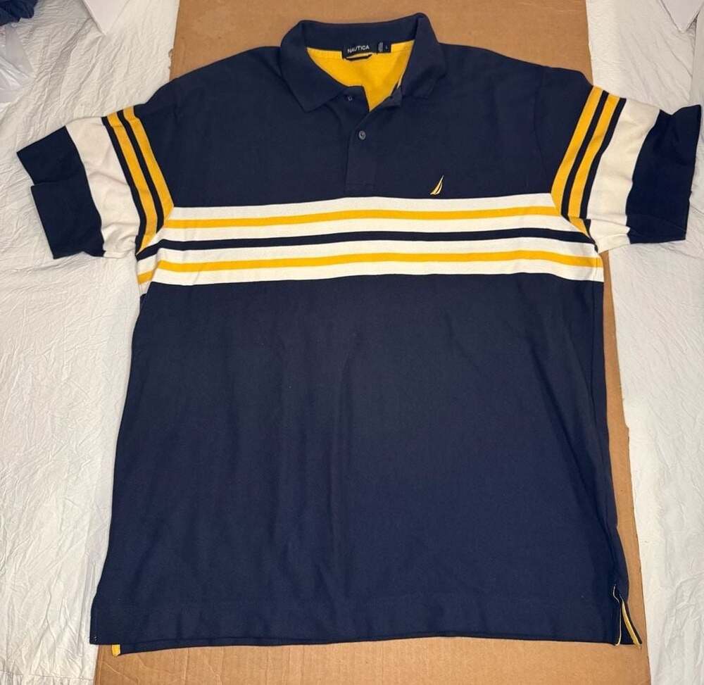 Y2K Nautica Mens Navy Blue Yellow White Striped Short Sleeve Cotton Polo Shirt L
